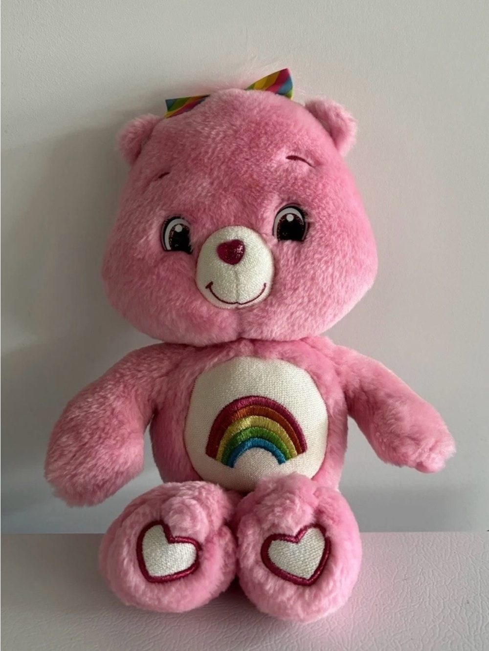 2/20$ 🐮 Pink Cheer Bear Care Bears 12" Stuffed Doll 2007 Rainbow Pink Bow